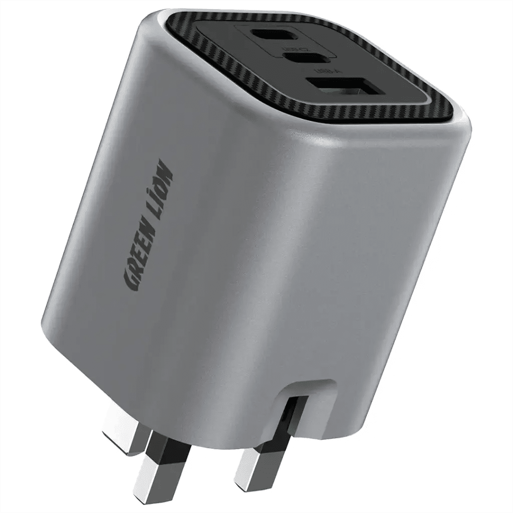شاحن حائط Green Lion GaN Premium بقدرة 65W ثلاثي المنافذ (UK) - رمادي